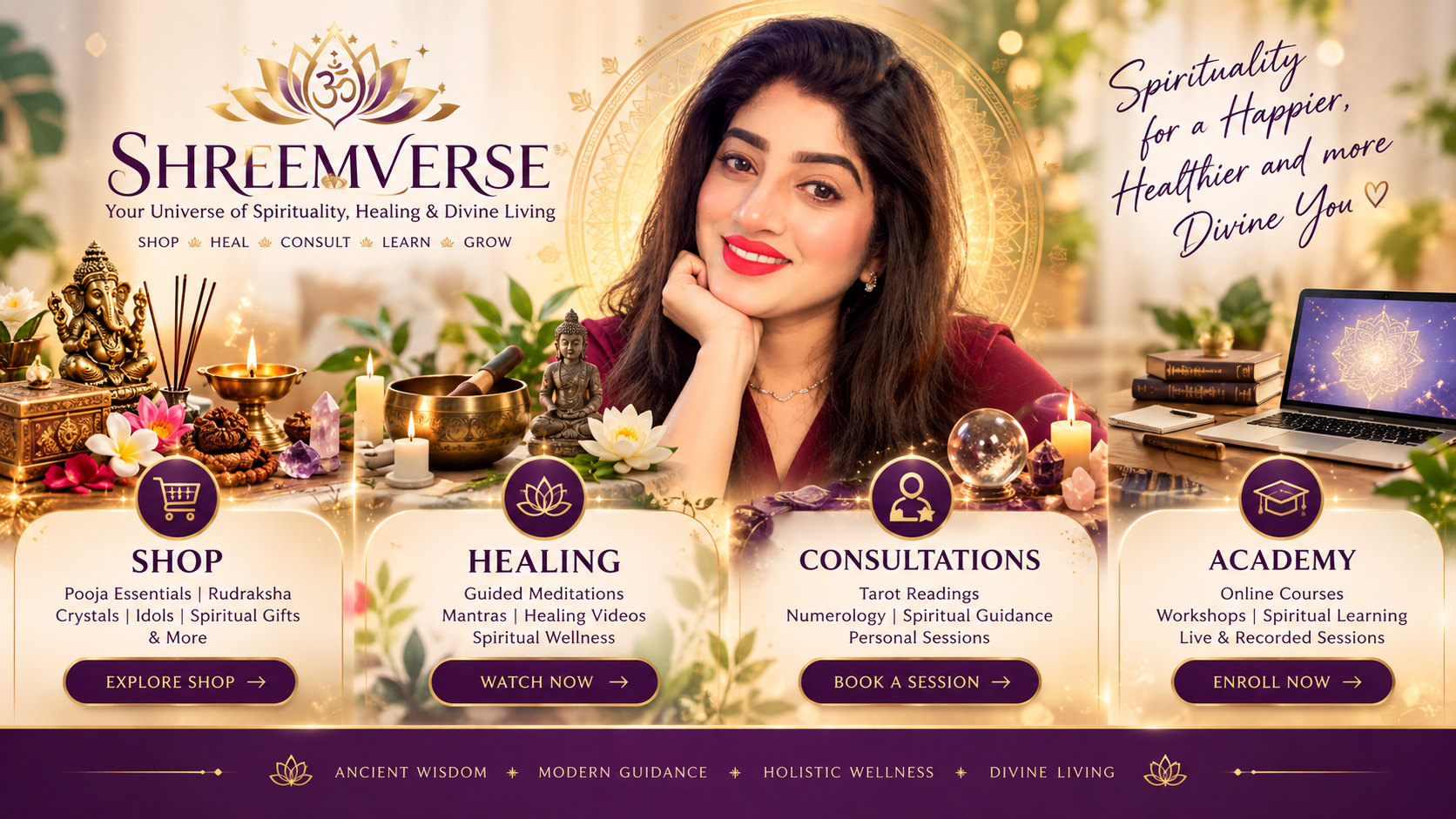 Shreemverse spiritual living: Shop, Healing, Consultations and Academy, featuring our founder